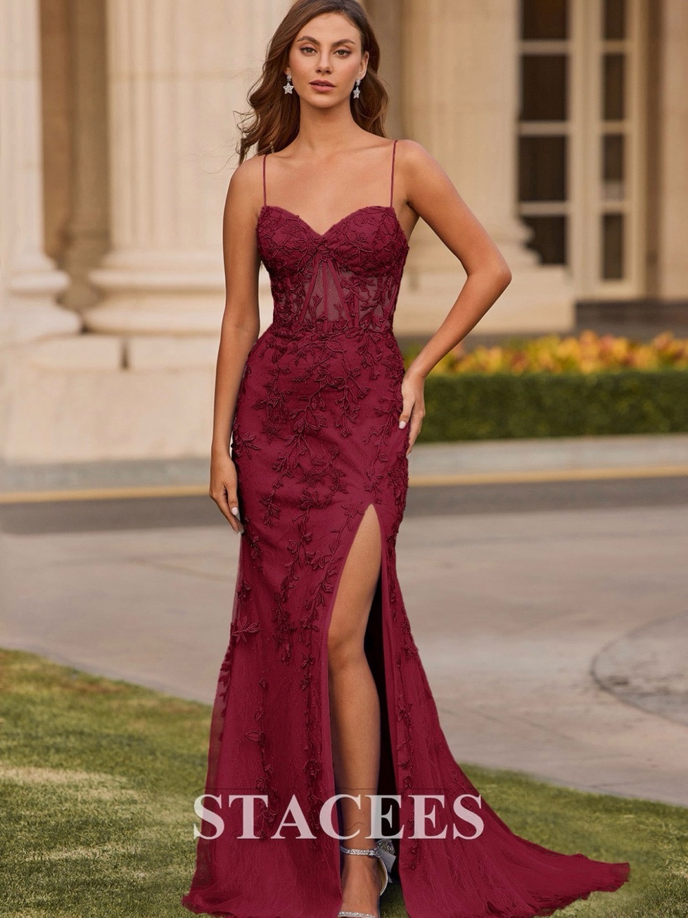 Stacees Burgundy Lace Appliqué Spaghetti-Strap Prom Dress